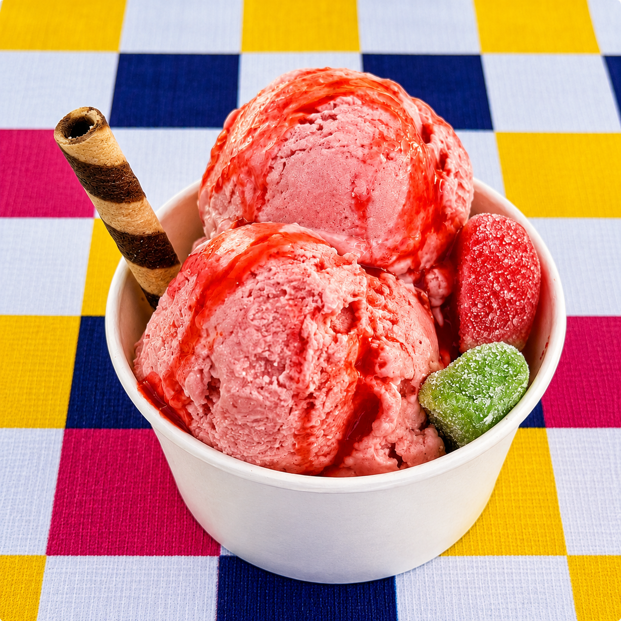 Copa de nieve de garrafa de fresa con barquillo y dulces, servida por Cecilia's Ice Cream