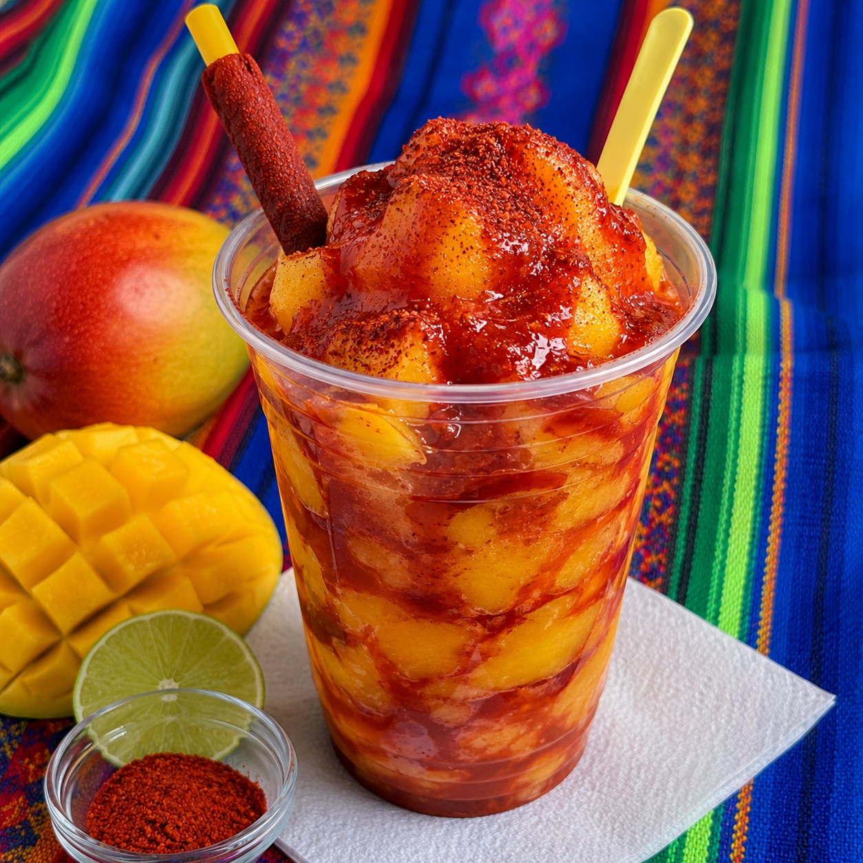 Diablitos de mango con chamoy, chile en polvo y limón, preparados por Cecilia's Ice Cream