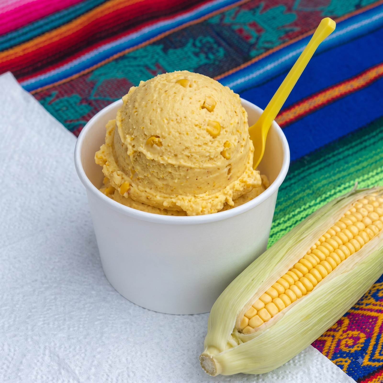 Helado sabor elote con granos de maíz, preparado por Cecilia's Ice Cream
