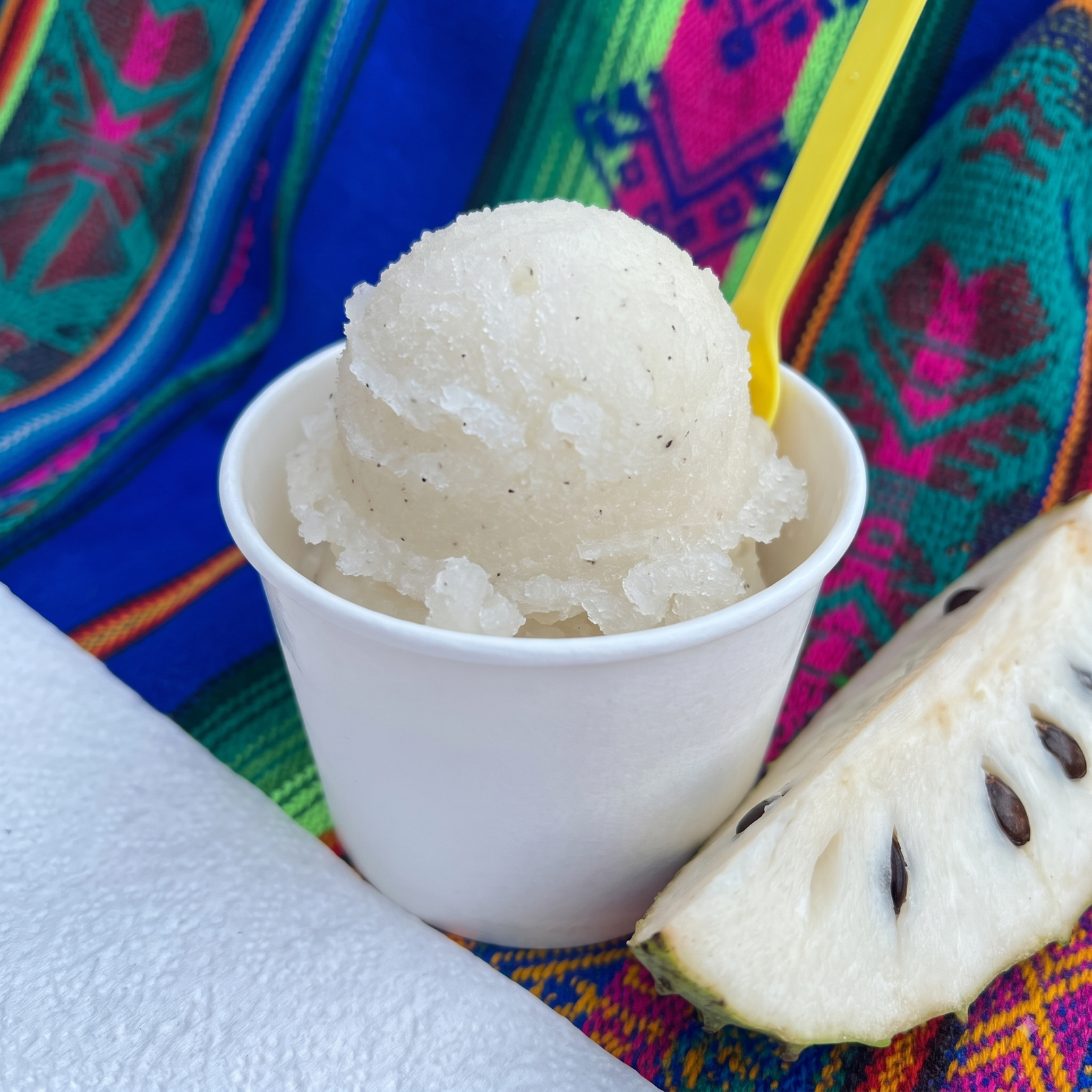 Nieve de agua sabor guanábana, servida por Cecilia's Ice Cream