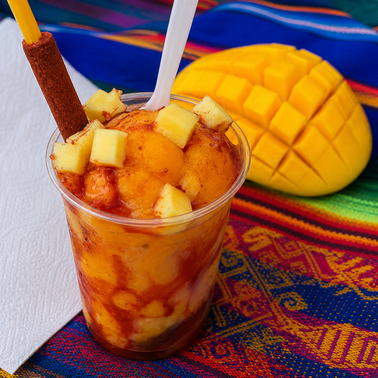 Mangonada con nieve de mango, chamoy, trozos de mango fresco y chile en polvo, preparada por Cecilia's Ice Cream